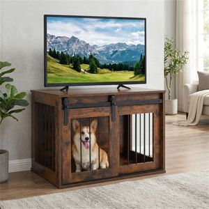 Rustic Brown 31.5\" Wooden <b>Dog</b> Crate Furniture with Sliding Barn Door Indoor Use Kennel End <b>Table</b> for Pets - Product Image 2