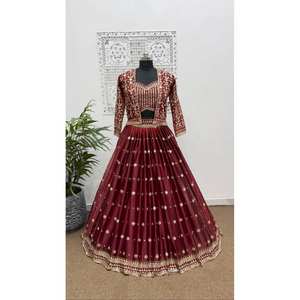 DHK Designer indien et pakistanais rouge brodé Lehenga Choli avec séquence de travail 2XL Taille 1kg - Product Image 4