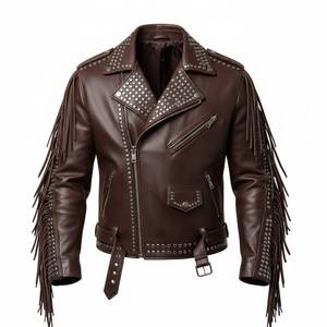 Men's Brown Leather Motorcycle <b>Jacket</b> Rivets <b>Fringes</b> Turn-down Collar Zipper Closure Slim Fit Autumn Winter Style Breathable - Product Image 2