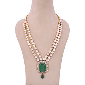 Lab Grown CVD Diamond Polki necklace Studded with lab emerald in 14K Yellow Gold Certified Luxury Jewelry Engagement <b>Gift</b> - Product Image 1