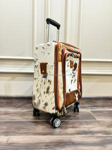 Real Handmade High Quality Cowhide Fur Leather Luggage <b>Trolley</b> Bag Personalized Weekender Overnighter <b>Trolley</b> Luggage With Wheel - Product Image 4