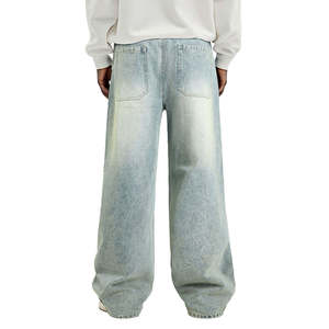 Jean large pour homme en denim délavé, coupe ample, taille haute, style streetwear, tissu coton automne - Product Image 3