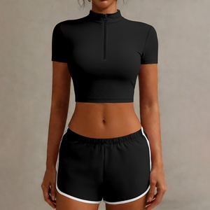 Ensemble crop top côtelé et short cycliste taille haute froncé pour femme – Tenue de sport sexy dos nageur - Product Image 5