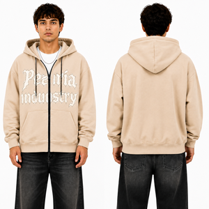 Sweat-shirt à capuche zippé beige pour homme, en coton épais, avec graphisme vieilli sur le devant, poches latérales, style streetwear décontracté - Product Image 5