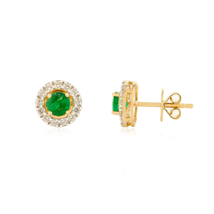 Top Selling Most Beautiful 18K Yellow Gold Round Cut Emerald & Diamond <b>Small</b> Halo <b>Stud</b> <b>Earrings</b> Latest Handmade Bulk Jewelry - Product Image 3