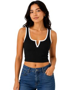 Black Women Ribbed <b>Crop</b> Tank <b>Top</b> White Trim Sleeveless V Neck Slim Fit Casual Summer Stretch Cotton Vest Fashion Ladies <b>Tops</b> - Product Image 1