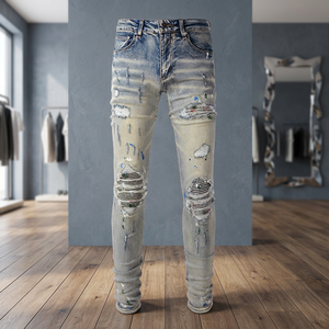 Jeans de Mezclilla para Hombre, Corte Slim Fit, Desgastados y Rotos, Lavado Medio, Algodón, Pierna Recta, Estilo Casual, para Otoño - Product Image 4