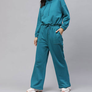 <b>Women's</b> Teal Hooded Tracksuit Set Long Sleeve Pullover <b>Top</b> and Drawstring Wide Leg Pants Two Piece Casual Outfit - Product Image 2