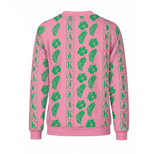 Sudadera Rosa de Cuello Redondo con Hoja Verde y Patrón AKA Alpha Theta, Unisex, Corte Regular, Informal, Tejida, Estampada, para Primavera - Product Image 3
