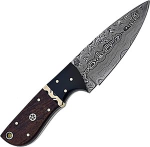 Couteau de chasse à lame fixe en acier Damas de qualité industrielle, fabriqué sur mesure par Trend Blades, pointe clip, manche en bois, étui en cuir - Product Image 4