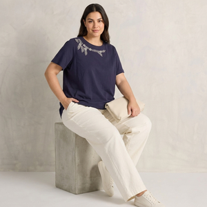 New Arrival 100% Cotton Spandex Loose Oversized Floral Beaded Embroidered Women's Blue Short Sleeve Quick Dry T-Shirts - Product Image 1