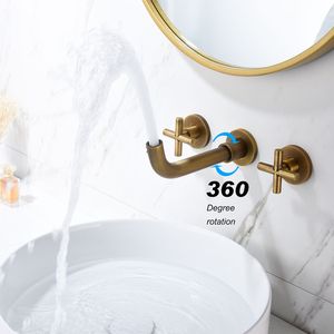 Rubinetto per lavabo bagno a parete, monocomando, a doppio manico, color oro - Product Image 5