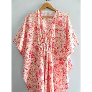 ชุดเดรสผ้าฝ้ายโบฮีเมียนทำมือ คอวี แขนทรงปีกค้างคาว ลายพิมพ์บล็อก ลายดอกไม้ ซักได้ ใช้คลุมชายหาด ทรงหลวม สไตล์ทูนิค สำหรับฤดูร้อน - Product Image 1