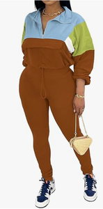 Conjunto Deportivo de Dos Piezas para Mujer, Tejido, con Bloques de Color, Manga Larga, Cuello Camisero, Corte Holgado, Informal, para Todas las Temporadas - Product Image 4