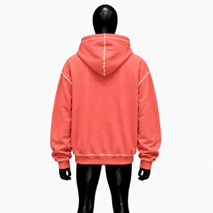 Sweat à capuche zippé rose corail gothique avec surpiqûres contrastées crème, coupe oversize, streetwear, logo brodé, unisexe, mode personnalisée, en promotion - Product Image 2
