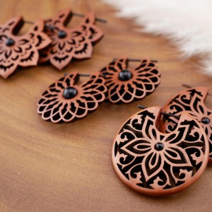 <b>Wooden</b> Floral Earrings With Black Bead Inlay <b>Laser</b> <b>Cut</b> Design Boho Style Jewelry Accessories - Product Image 3