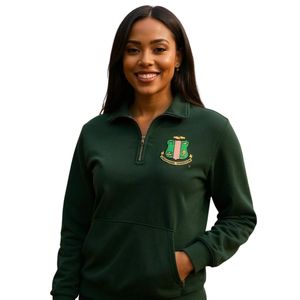 Dark <b>Green</b> Women Quarter Zip Pullover Sweatshirt with Embroidered Crest Long Sleeve Casual Soft Comfortable Everyday Fashion Tee - Product Image 1