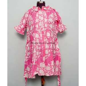 Vestido corto estilo mini para mujer, 100% algodón, informal, con mangas acampanadas, cuello redondo, estampado floral, ecológico, cintura natural - Product Image 5