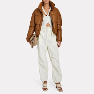 Custom Faux <b>Leather</b> Coat Warm <b>Brown</b> Oversized Stand Collar <b>Leather</b> Puffer <b>Jacket</b> - Product Image 3