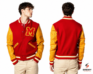 เสื้อแจ็คเก็ตวาร์ซิตี้สีแดงสำหรับผู้ชาย แขนหนังสีเหลือง พร้อมลายปักตัวอักษร M ด้านหน้า สไตล์พรีปปี้ เหมาะสำหรับใส่ในฤดูใบไม้ร่วง - Product Image 3