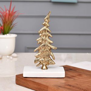 Gold Metal Christmas <b>Tree</b> Figurine on White <b>Marble</b> Base Elegant Modern Holiday Tabletop Sculpture Festive Home Decor - Product Image 1