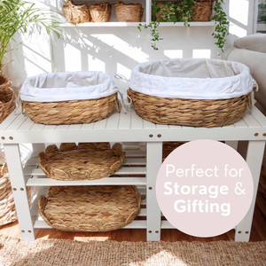 Juego de 2 Cestas Redondas de Mimbre con Tapas Festoneadas, Asas y Forros Extraíbles - Cestas Decorativas Tejidas a Mano de Jacinto de Agua - Product Image 3