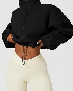 Veste en polaire noire courte zippée pour femme, col montant, manches longues, vêtement d'extérieur décontracté pour l'automne - Product Image 2
