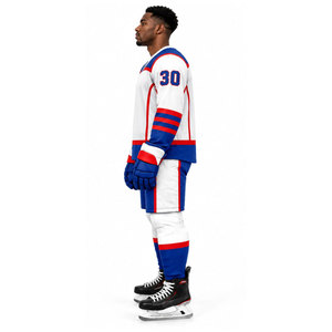 Maillot de hockey sur glace pour homme, blanc, bleu, rouge, sublimé, manches longues, évacuation de l'humidité, coupe athlétique, uniforme d'équipe pour adulte - Product Image 4