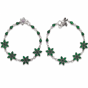Floral Pattern Anklets Women's Bohemia Style Tibetan Silver Plated Alloy Green Inlay Party Jewelry - Product Image 1