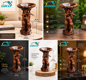Bain d'oiseaux en bois sculpté artisanal GKD, 45 cm, finition naturelle, autoportant, décoration traditionnelle pour la maison, ornement de jardin - Product Image 3