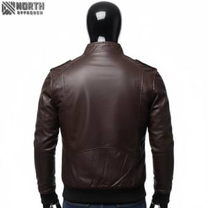 Chaqueta Bomber de Cuero Genuino Marrón Oscuro para Hombre, Cuello Alto, Cierre Frontal con Cremallera, Ropa Exterior Informal - Product Image 2