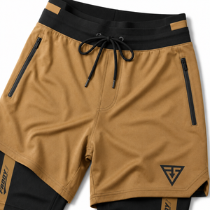 Shorts de sport pour homme 2 en 1 personnalisés, couleur camel, avec doublure de compression, poches zippées, cordon de serrage, pour l'entraînement physique, marque privée - Product Image 5