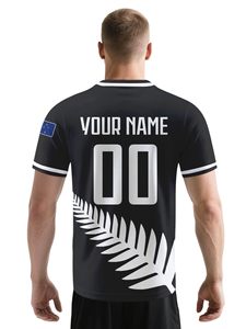 Camiseta de fútbol y rugby para hombre, cuello en V, manga corta, transpirable, sublimada, con nombre y número personalizados, diseño de hoja de helecho en blanco y negro - Product Image 2