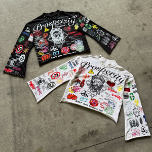 เสื้อสเวตเชิ้ตทรงบ็อกซี่แบบครอปพิมพ์ลายกราฟิกสไตล์วินเทจแนวสตรีทแวร์ แขนยาวทรงบาน - Product Image 1