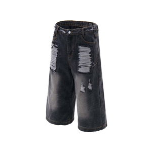 Shorts en jean déchirés et délavés pour homme, taille mi-haute, coupe droite, style décontracté d'été, en coton noir - Product Image 3