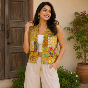 Custom Women's Patchwork Floral Quilted Cotton Sleeveless Vest Bohemian Ethnic <b>Waistcoat</b> Reversible Casual Layering Jacket OEM - Product Image 2