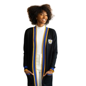 เสื้อคลุมคาร์ดิแกน Sigma Gamma Rho สีดำยาวสำหรับผู้หญิง แต่งขอบสีน้ำเงินทอง ถักนิตติ้ง สไตล์ลำลองหรูหราสำหรับชมรมนักศึกษากรีก - Product Image 2