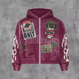 Hoodie zippé Premium Glory personnalisé, color block, coupé-cousu, brodé, court, délavé à l'acide, effet vieilli, avec strass, vente en gros OEM - Product Image 4
