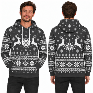 Men's Gray Christmas Reindeer Print Hooded Sweatshirt Knitted Polyester Casual Winter Hoodie with Pocket Design - Product Image 1