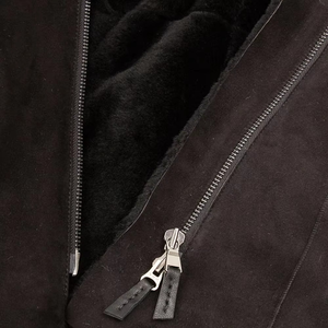 Women's <b>Black</b> Shearling <b>Jacket</b> With Fur Trim Hood Zipper Closure Regular Fit Winter Coat Full Sleeve <b>Suede</b> Outerwear - Product Image 6