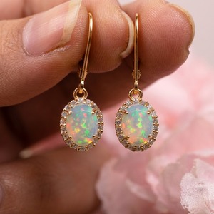 925 Sterling <b>Silver</b> Opal Halo Leverback Earrings 14K Gold Plated Trendy Unisex Oval Dangle Christian for Wedding Party - Product Image 1