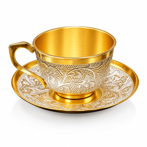 Handcrafted Brass <b>Tea</b> and Coffee <b>Cup</b> with Saucer <b>Set</b> Vintage Gold and Silver Engraved Metal Drinkware Royal Decorative Tableware - Product Image 1