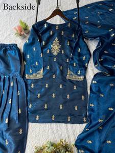 Ensemble Sarara en soie Zimmy Chu avec broderie de sequins sur le devant et le dos, micro-dentelle assortie, sarara et dupatta, ensemble ethnique pour femmes - Product Image 6