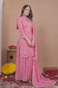 Robe de mariée indienne pakistanaise traditionnelle brodée rose pour femme, longueur ras du sol, en polyester, coupe classique, style Salwar Kameez - Product Image 4