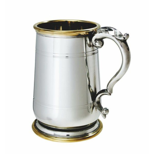 Handcrafted 1 Pint Jacobean Style Lead-Free Pewter Tankard With Polished Brass Rim And Base Premium Personalised Beer Mug - Product Image 1