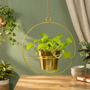 Porte-plante suspendu en métal doré avec cadre circulaire et finition laiton, pot de fleurs moderne décoratif, support de plante suspendu - Product Image 1