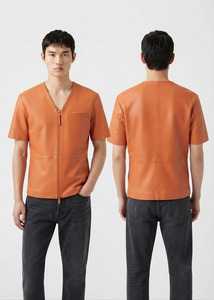 Camiseta Casual de Cuero Vacuno para Hombre, Cuello en V, Manga Corta, Cierre Frontal, Diseño Premium - Product Image 4