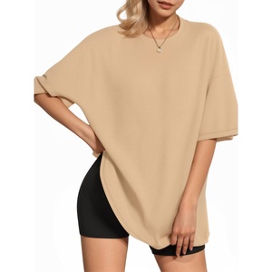 T-shirt oversize à manches chauve-souris et col rond, couleur unie, longueur longue, 100 % coton jersey, haut tendance grande taille pour femme de Bd - Product Image 1