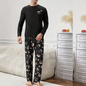 Ensemble pyjama en jersey tricoté à col rond en coton imprimé pour homme Lot de 2 vêtements de nuit en tissu éponge à motif unique - Product Image 1