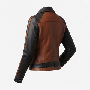 Chaqueta de Motocicleta de Cuero Genuino para Mujer, Color Marrón y Negro en Contraste, Manga Larga con Cierre, Ropa Exterior de Otoño - Product Image 4